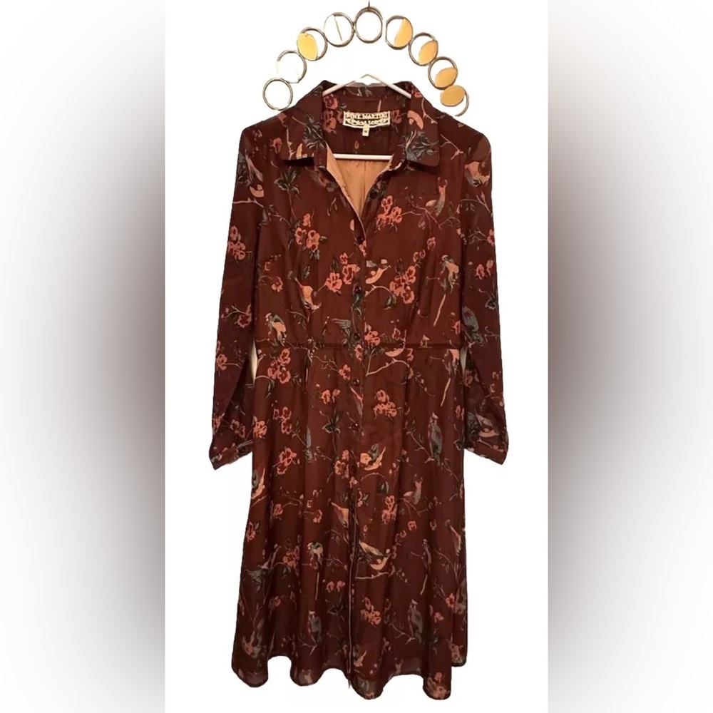Pink Martini Midi Length Dress Womens Size M Burgundy Floral Design Long Sleeves